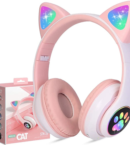 Kids Wireless Headphones Cat Ear LED Light up Bluetooth Foldable Headphones over Ear W/Microphone for Online Distant Learning (Pink)