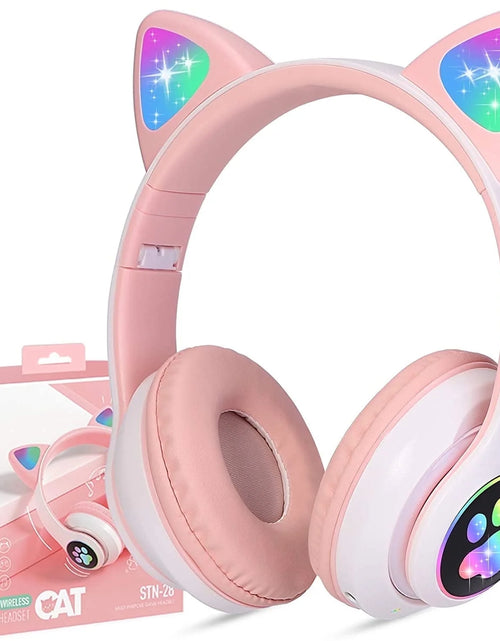 Load image into Gallery viewer, Kids Wireless Headphones Cat Ear LED Light up Bluetooth Foldable Headphones over Ear W/Microphone for Online Distant Learning (Pink)
