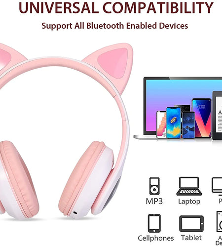 Kids Wireless Headphones Cat Ear LED Light up Bluetooth Foldable Headphones over Ear W/Microphone for Online Distant Learning (Pink)