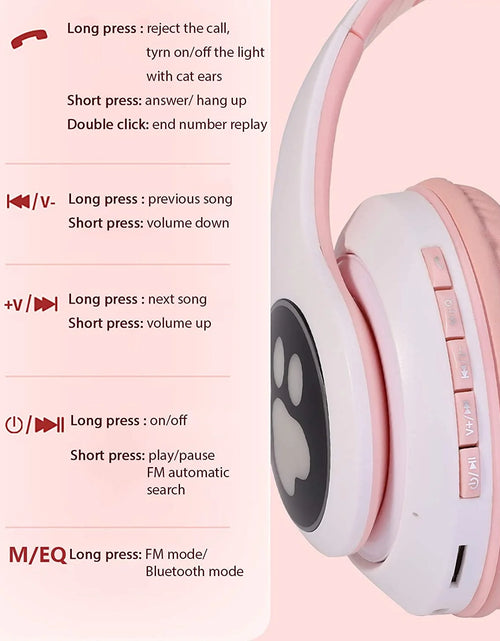Load image into Gallery viewer, Kids Wireless Headphones Cat Ear LED Light up Bluetooth Foldable Headphones over Ear W/Microphone for Online Distant Learning (Pink)

